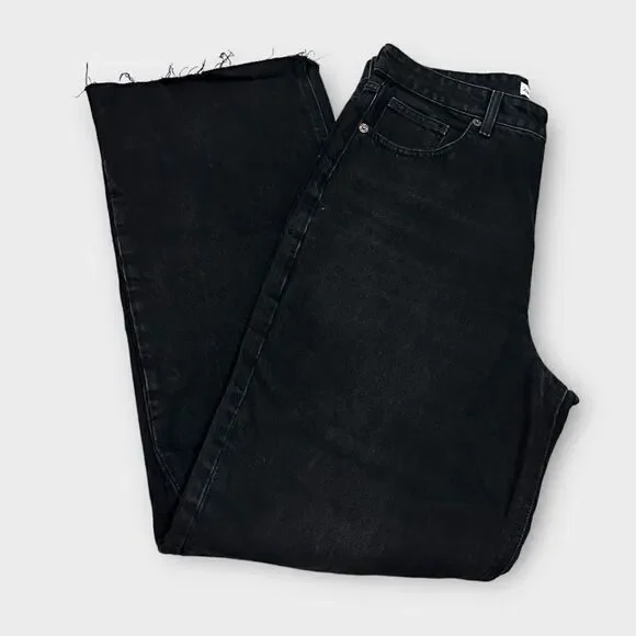 Zara Black High Waisted Hi Rise Raw Hem Straight Leg Casual Denim Jeans Pants - Picture 2 of 6